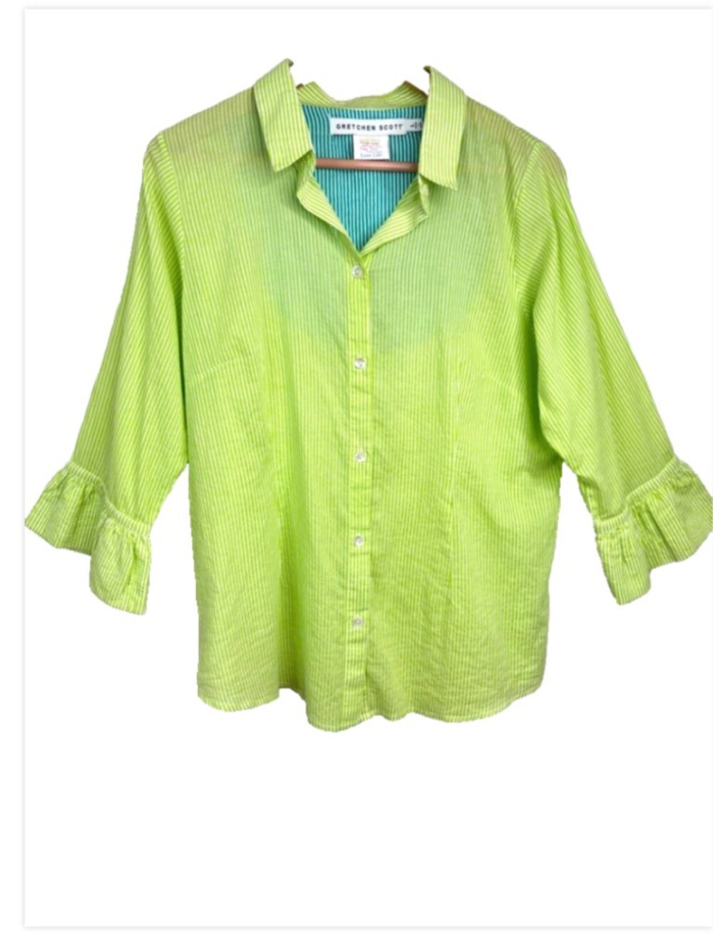 Gretchen Scott Cotton Priss Blouse L Lime Green White Striped Ruffle Bell Sleeve - Picture 2 of 10